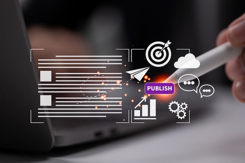 Publish Content, content for digital publishing Blog marketing entails writing, publishing, and uploading articles and media content to a website. Website organization and publish of content, blogging creation