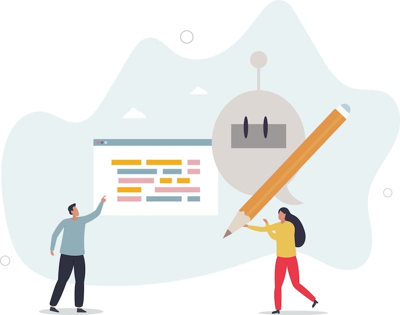 Illustration of two people writing web content with an AI tool behind them.