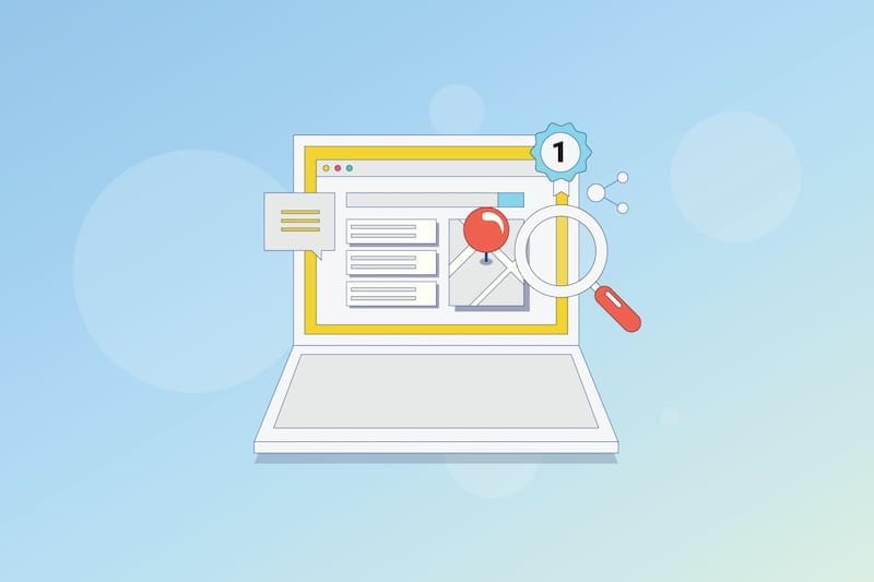 Illustration of a laptop with a web browser open, featuring a search bar, magnifying glass, red pushpin, chat bubble, and "number 1" badge—symbolizing SEO or how to delete Google business accounts on a blue background.