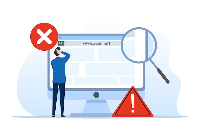 An illustration shows a person scrutinizing a computer monitor with a suspicious URL. A large red X and an exclamation mark signal an error, as if urging to suppress Google search results. Nearby, a magnifying glass highlights the need for closer investigation.