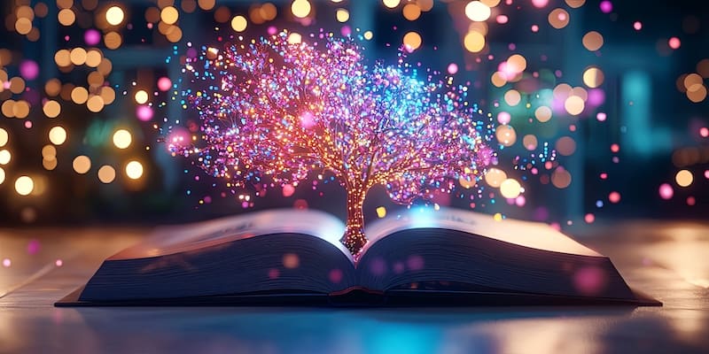 Open Book with Growing Tree of Knowledge Illustrating Various Academic Subjects and Education Concepts in a Vibrant Colorful Design.