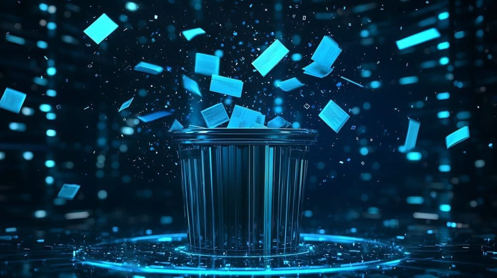 A digital illustration of a metallic trash bin surrounded by falling documents against a futuristic, glowing background. The bin and papers emit a blue luminescence, with digital and geometric elements accentuating the high-tech scene, reminiscent of companies that remove personal information from the internet.