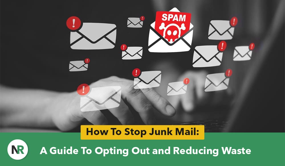 A person uses a laptop with floating email icons and a spam alert symbol, illustrating "How To Stop Junk Mail: A Guide To Opting Out and Reducing Waste." Learn effective strategies to declutter your inbox and minimize digital waste efficiently.