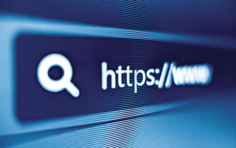 A close-up of a computer screen reveals a web browser's address bar with "https://www" partially visible, emphasizing the importance of knowing how to protect your privacy online. A magnifying glass icon represents the search function, set against a soothing gradient blue background.
