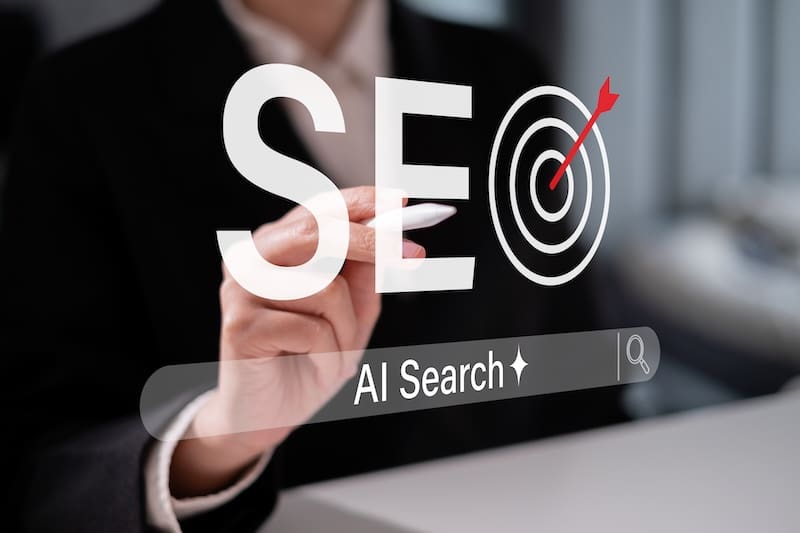 Businessman working SEO search engine optimization web cyberspace marketing strategy technology data combine with ai artificial intelligence concept.