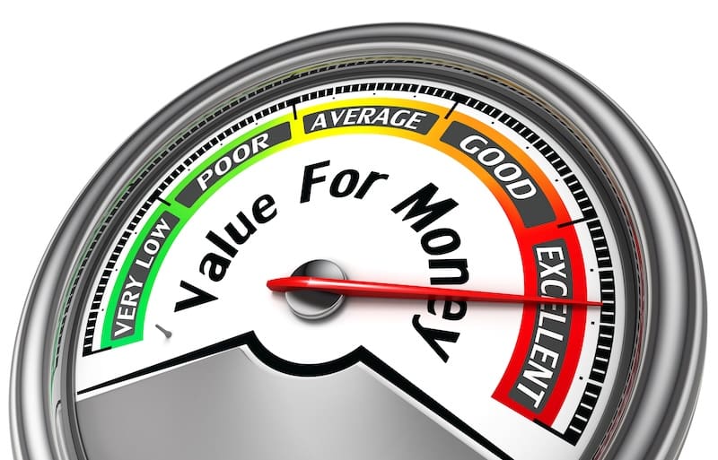 A close-up of a gauge with a needle pointing to "excellent" in an "online reputation management companies" meter, categorized from very low to excellent across different colored sections.