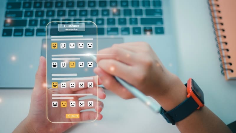 A person interacts with a futuristic, transparent digital device displaying a customer satisfaction survey for online reputation management companies, showing various emoji ratings from sad to happy. The setting includes a laptop and notebook on a desk