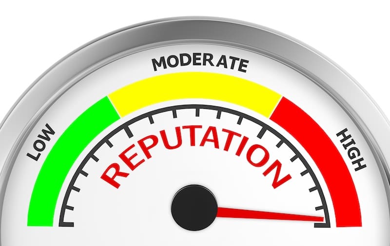 An image of a gauge labeled "Reputation Score," similar to a speedometer. The gauge is divided into three color-coded sections: green for "Low," yellow for "Moderate," and red for "High." The needle is pointing towards the red section, indicating a high reputation score.