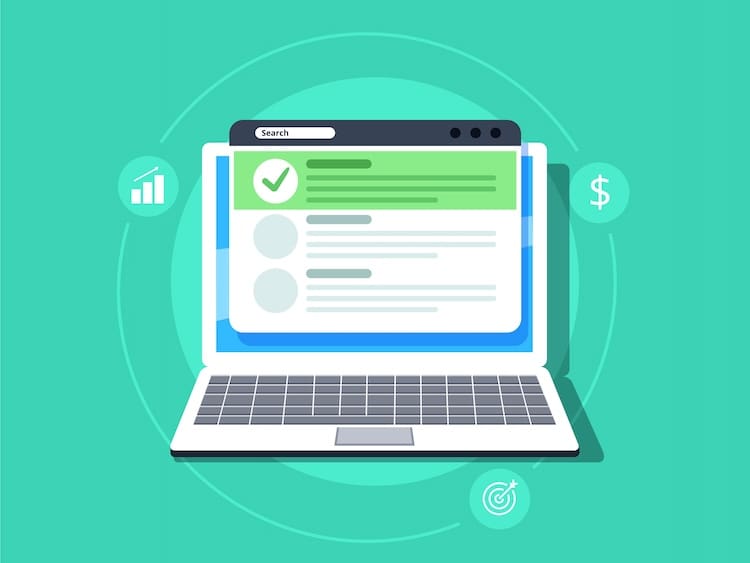 Online verification: a laptop displaying a webpage with a successful verification checkmark, symbolizing secured digital transactions and protection against unwanted Google search results.