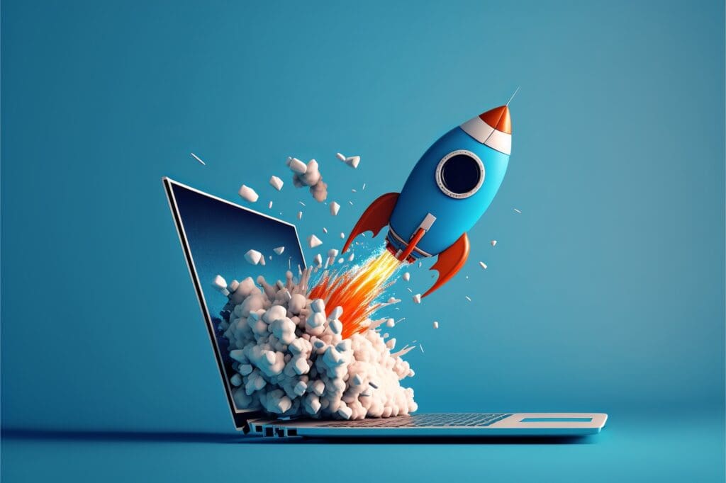 A cartoon rocket launches out of an open laptop screen, with clouds and flames bursting out, symbolizing innovation or a tech startup—perfect imagery for search engine optimization experts propelling digital growth. The background is a smooth blue gradient.