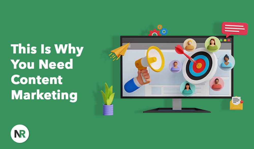 Illustration of a computer screen showing a hand with a megaphone aimed at a dartboard, surrounded by diverse avatars. Objects like paper planes, gears, and chat bubbles enhance the scene. Text reads, "This Is Why You Need Content Marketing.