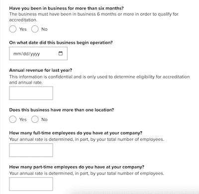 The BBB accreditation application form.