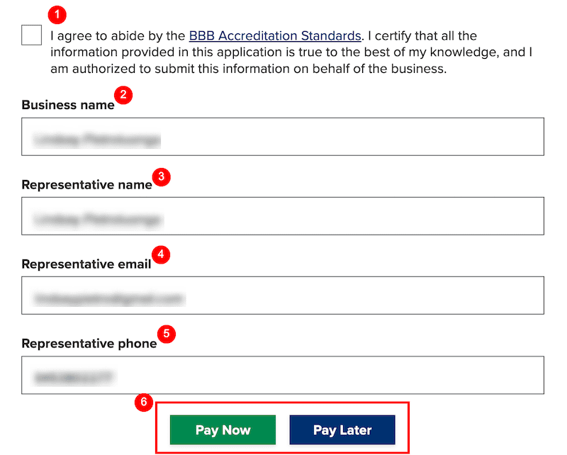 The BBB accreditation application form.