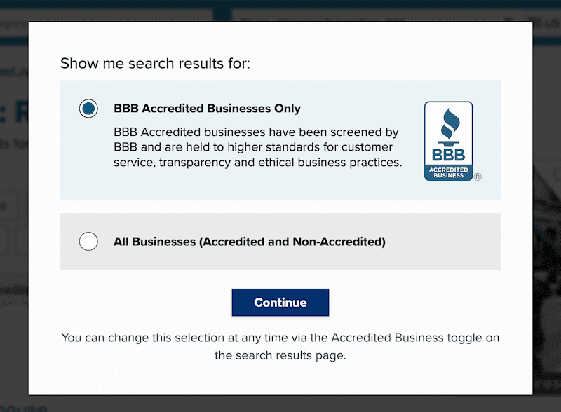 Search options when looking for a business on the BBB.