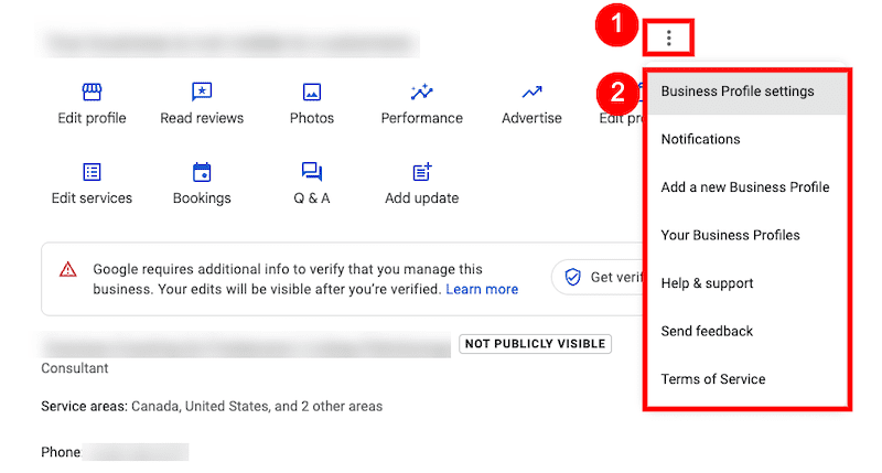 Screenshot of a business profile settings menu, showing icons for Edit profile, Reviews, Photos, and more. A dropdown menu on the right includes options like Business Profile settings, Notifications, Help, Terms of Service, and delete Google business.