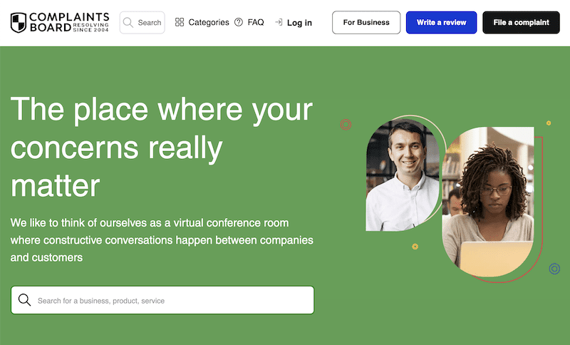 A website screenshot with a green background reads, "The place where your concerns really matter." It features a search bar and images of a smiling man and woman using a laptop. The top navigation offers options for categories, FAQ, account login, and guidance on how to remove complaints from complaints boards.