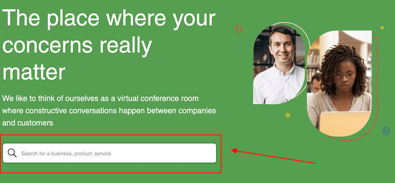 A green webpage presents a virtual conference room for companies and customers. It highlights two people—one smiling and another focused on a laptop. A search bar below encourages input for a business, product, or service like how to remove complaints from a complaints board.