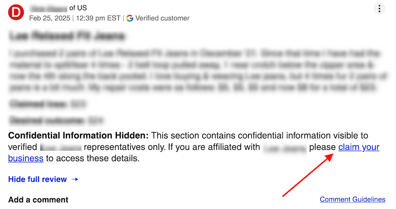 An email screenshot displays a partially blurred customer review from February 25, 2025, about "Levi Released Fit Jeans." Confidential details are hidden. A link offers guidance on how to remove complaints from complaints board by claiming the business for more information.