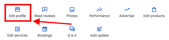 A screenshot showing icons and labels for options, with a red box and arrow highlighting "Edit profile" among choices like Read reviews, Photos, Performance, Advertise, Edit products, and delete Google business.