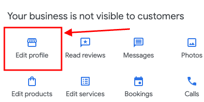 A dashboard with various icons and options like Edit profile, Read reviews, Messages, Photos, Performance, Advertise, Edit products, Edit services, Bookings, Calls, Q&A, and Add update. A red arrow highlights the Edit profile icon as the primary action. Also includes steps on how to add a business to Google Maps.
