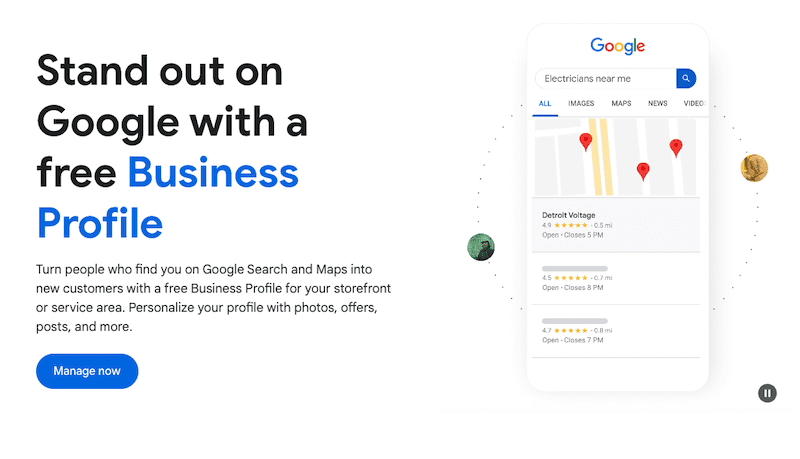 Image showing a Google promotional material featuring a smartphone screen displaying a Google search result for "Electricians near me." The text promotes how to add a business to Google Maps by creating a free Business Profile on Google to attract customers. A blue "Manage now" button is at the bottom left.