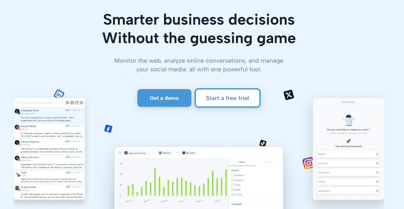 A website page promotes a tool for smarter business decisions, featuring the headline and buttons for “Get a demo” and “Start a free trial,” with sample chat, analytics, and chatbot interfaces—plus tips on how to know if someone is searching for you on the internet.