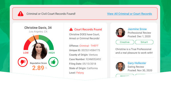 A digital background check report displays a profile of Christine Davis, 34, with a reputation score of 2.89/5 and a warning of criminal or civil court records. Additionally, profiles for Jasmine Snow (Creative, Smart) and Gary Hollester (Friendly), both with no records, are included.