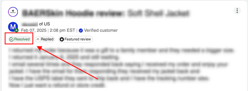 Screenshot of a review titled "BAZ Micro Hoodie review: Soft Shell Jacket" on a website. A verified US customer posted the resolved review on Feb 07, 2025. If you're looking to enhance your online presence, learn how to remove complaints from complaints board for a spotless reputation.