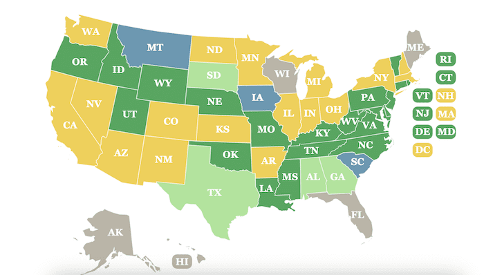 Map of the United States color-coded by state: green for east, yellow for west, and gray for states not categorized. South Carolina, Texas, Oklahoma, and others are in green; Nevada, Utah, and more are in yellow.